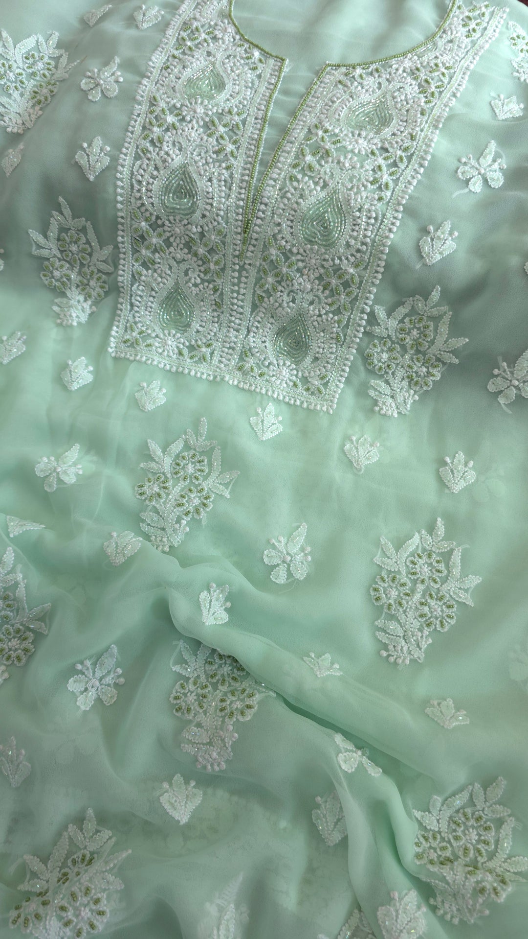 Alina Heavy Embellished Georgette Chikankari Unstitched Dress Material | Cutdana Handwork