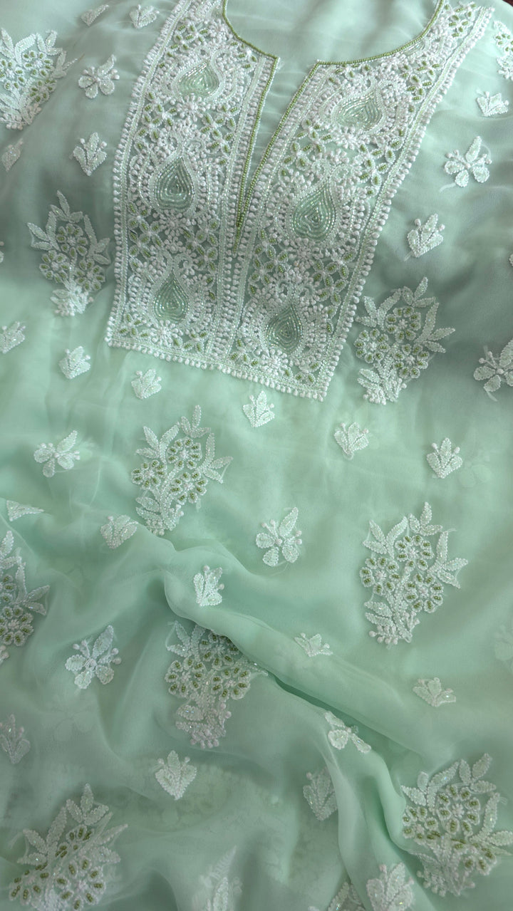 Alina Heavy Embellished Georgette Chikankari Unstitched Dress Material | Cutdana Handwork