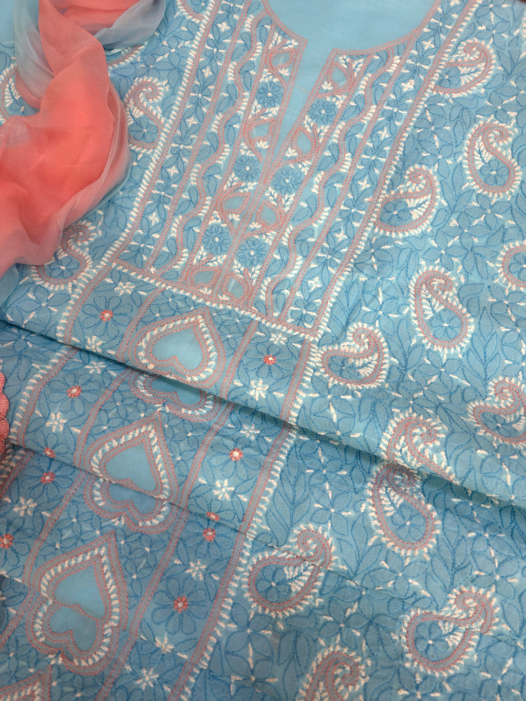 Lucknow Chikankari Hand Embroidered Cotton Dress Material with Tri-Color Motifs & Pure Chiffon Dupatta