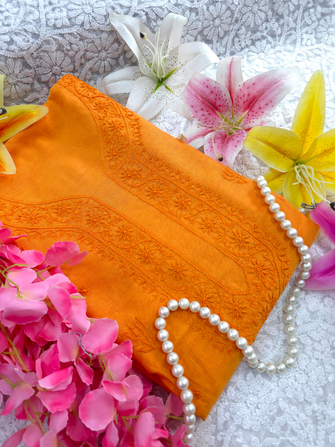 Tangerine Color Chanderi Hand Embroidered 2-Taar Chikankari Kurta & Dupatta Set | Paridhan Chikan (Copy)