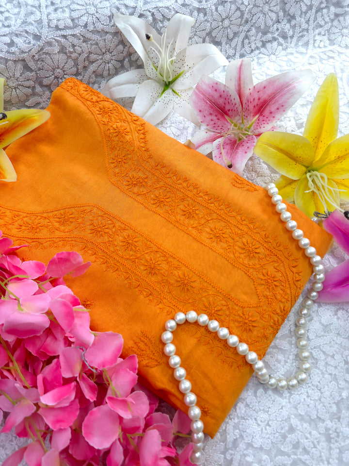 Tangerine Color Chanderi Hand Embroidered 2-Taar Chikankari Kurta & Dupatta Set | Paridhan Chikan (Copy)