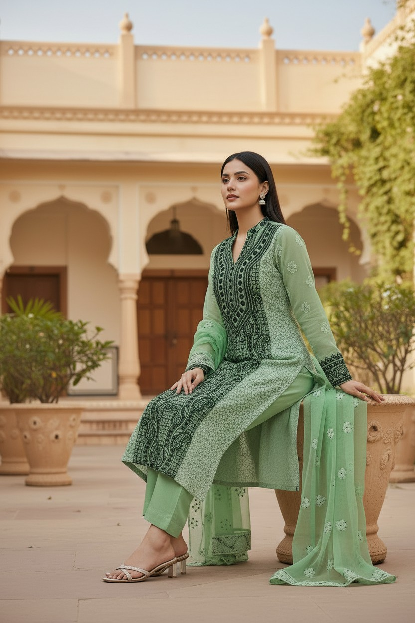 Unstitched Georgette Chikankari Dress Material | Hand Embroidered Kurta, Bottom & Dupatta