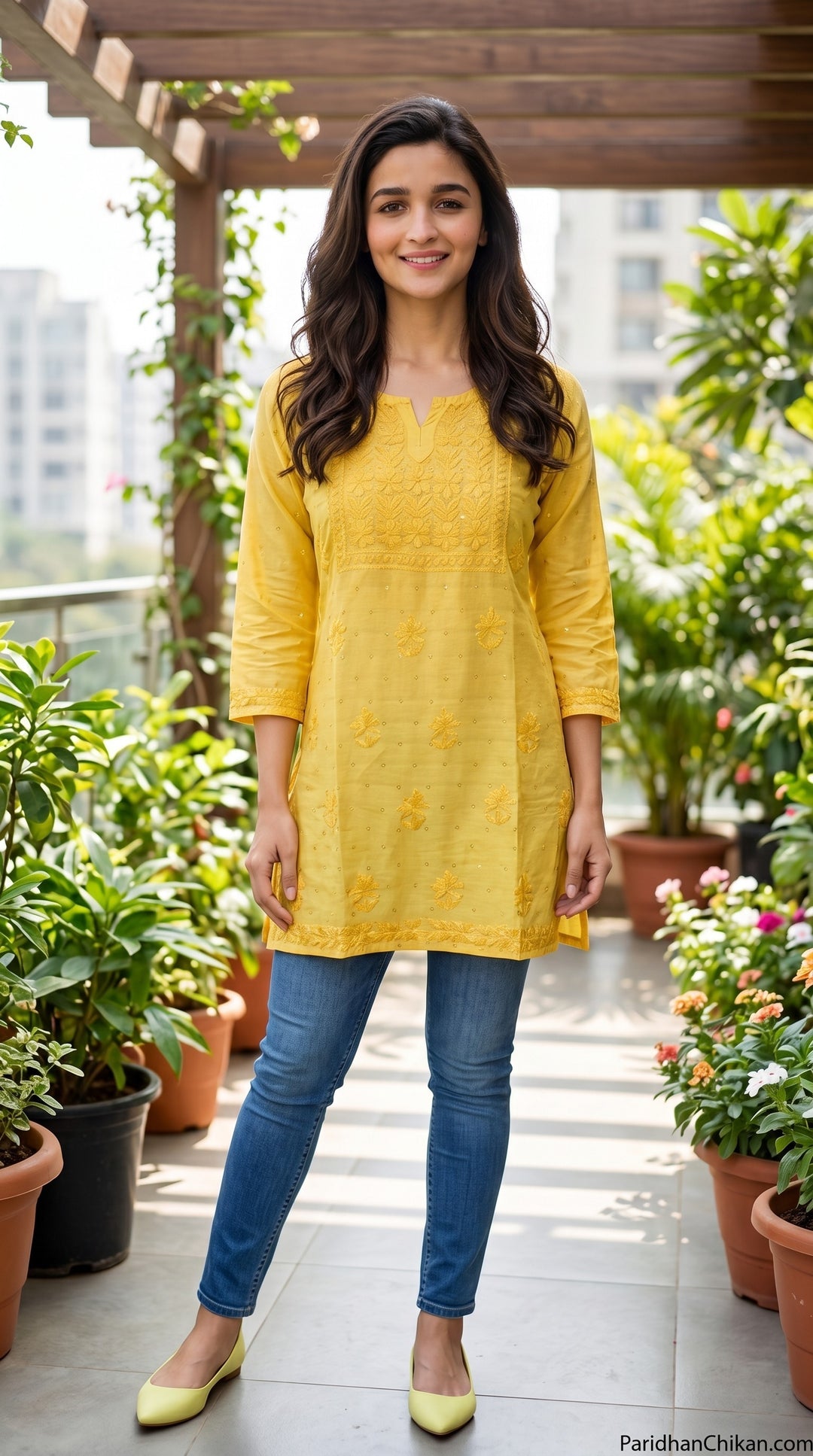 Alia Chikankari Chanderi Golden Zari Buti Short Top for Women | Soft & Non-Transparent | Paridhan Chikan