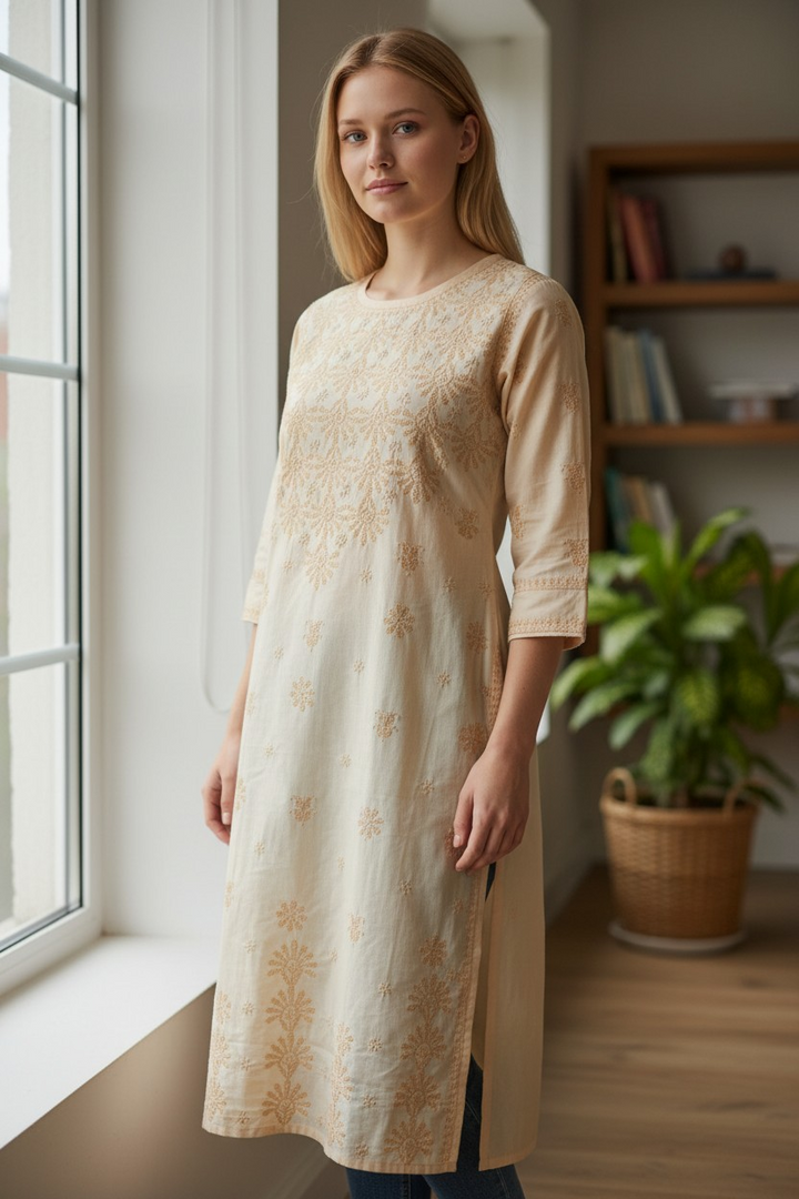 Soft Cotton Chikankari Hand Embroidered Kurti for Women | Premium Soft & Non-Transparent Fabric | 46 Inch Length | Lucknowi Chikan Kurta