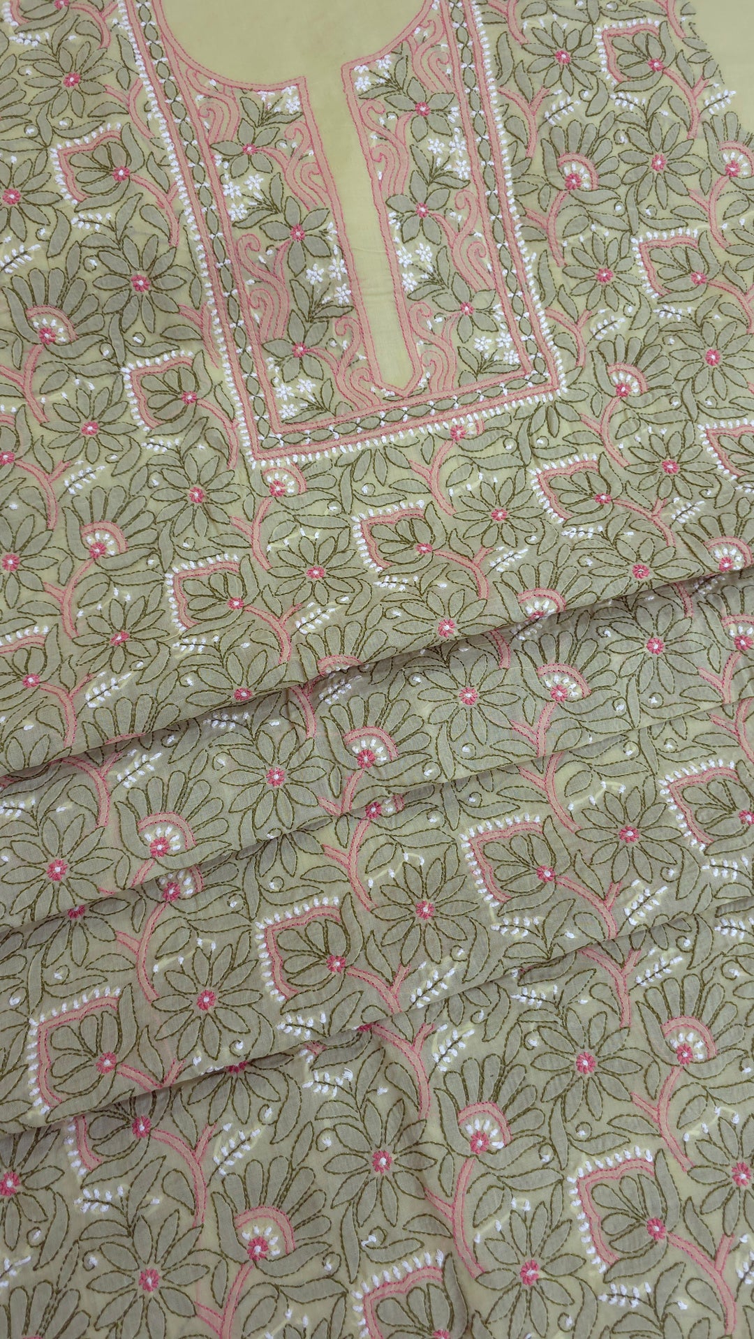 Lucknow Chikankari Hand Embroidered Cotton Dress Material with Tri-Color Motifs & Pure Chiffon Dupatta