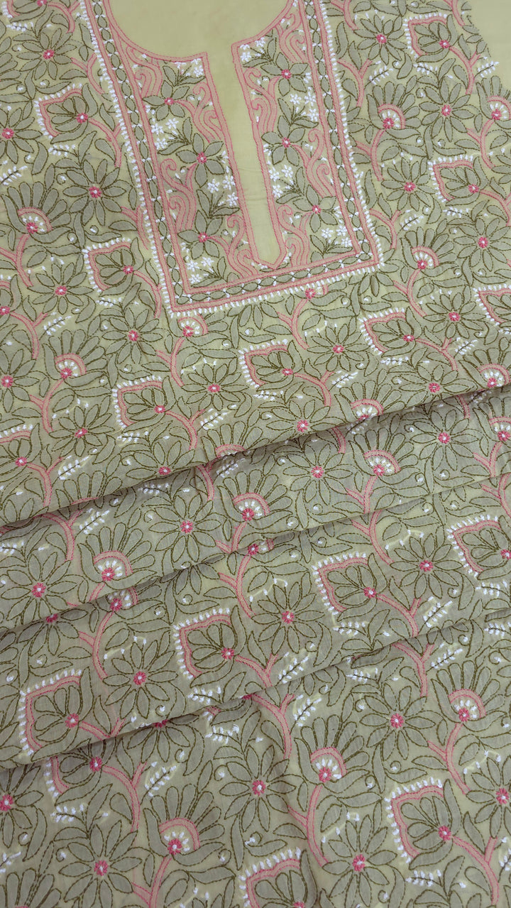 Lucknow Chikankari Hand Embroidered Cotton Dress Material with Tri-Color Motifs & Pure Chiffon Dupatta