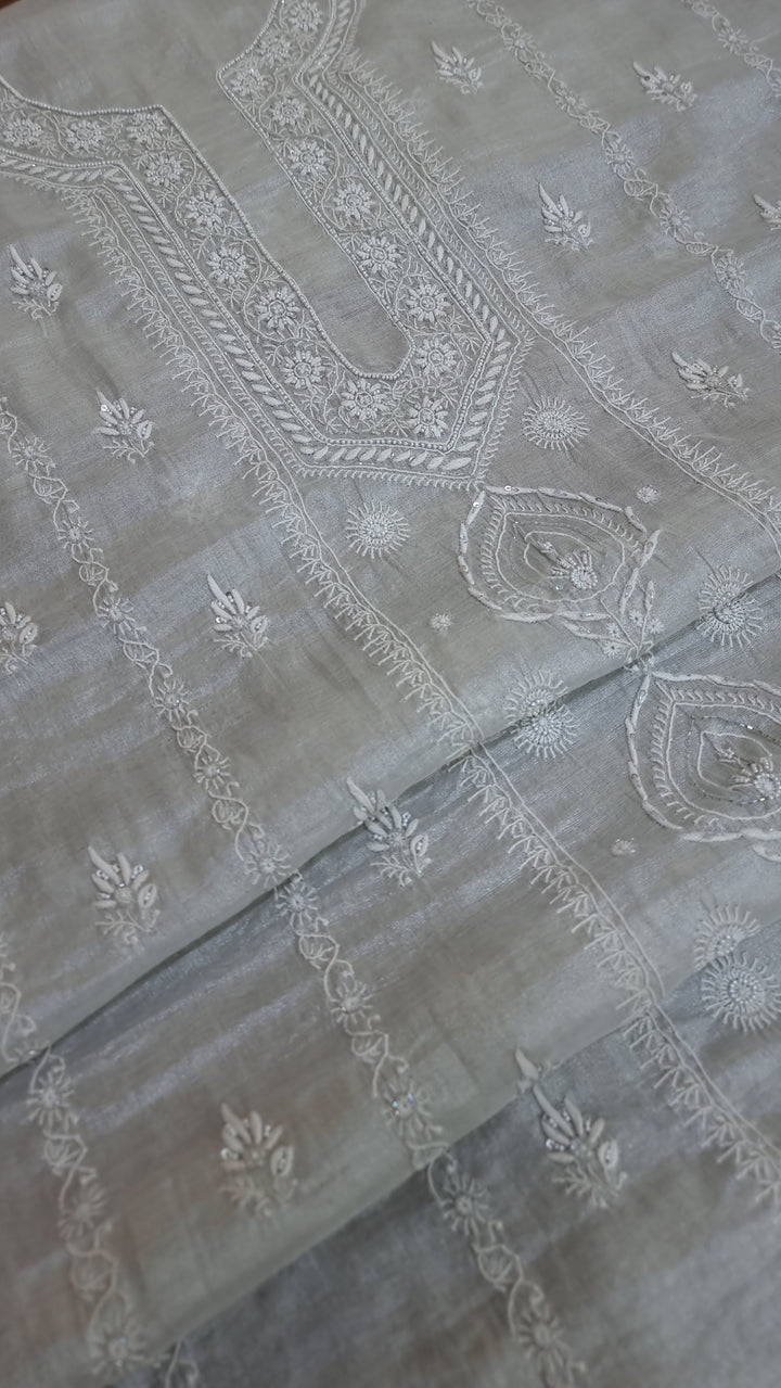 "2-Taar Hand Embroidered Chikankari Tissue Kurta & Dupatta Set – Cutdaana & Kasab Embellished | Paridhan Chikan"