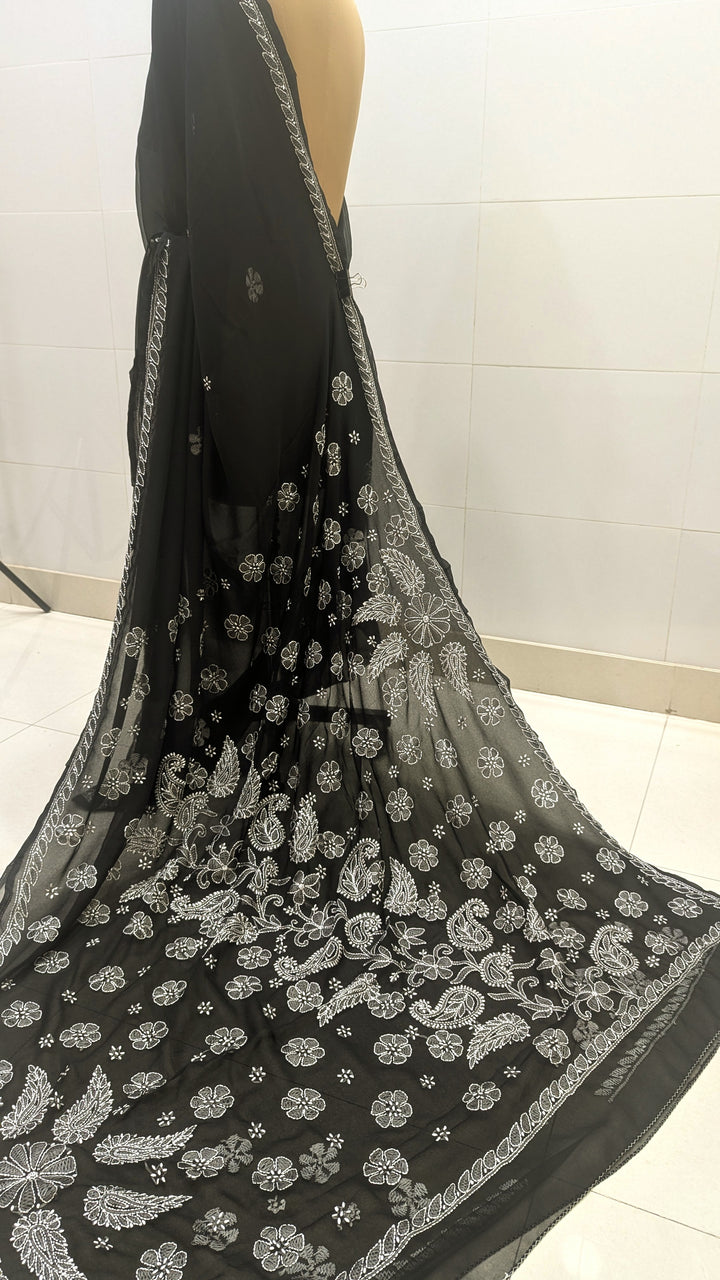 Faux Georgette Hand Chikankari Saree with Exclusive Border & Palla Design | Embroidered Blouse Included | Authentic Lucknow Handicraft by Paridhan Chikan