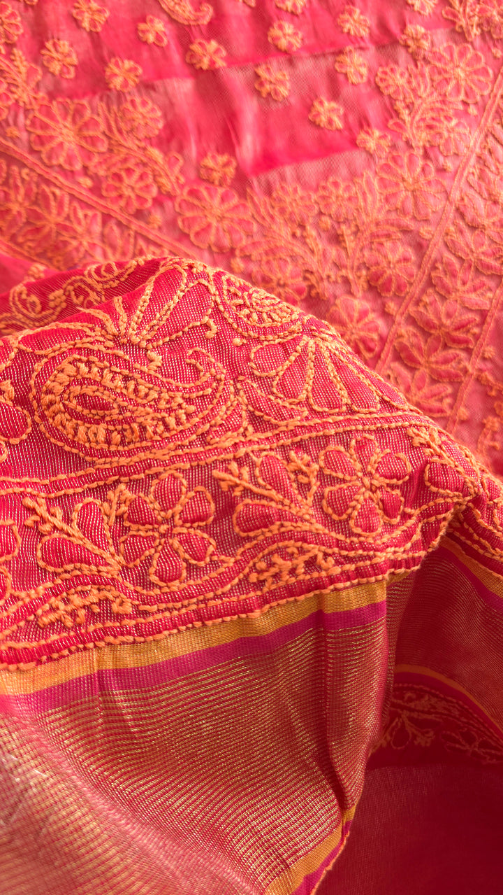 Hand Embroidered Chikankari Banarasi Silk Saree with Intricate Border & Palla Pattern – Includes  Blouse | Paridhan Chikan