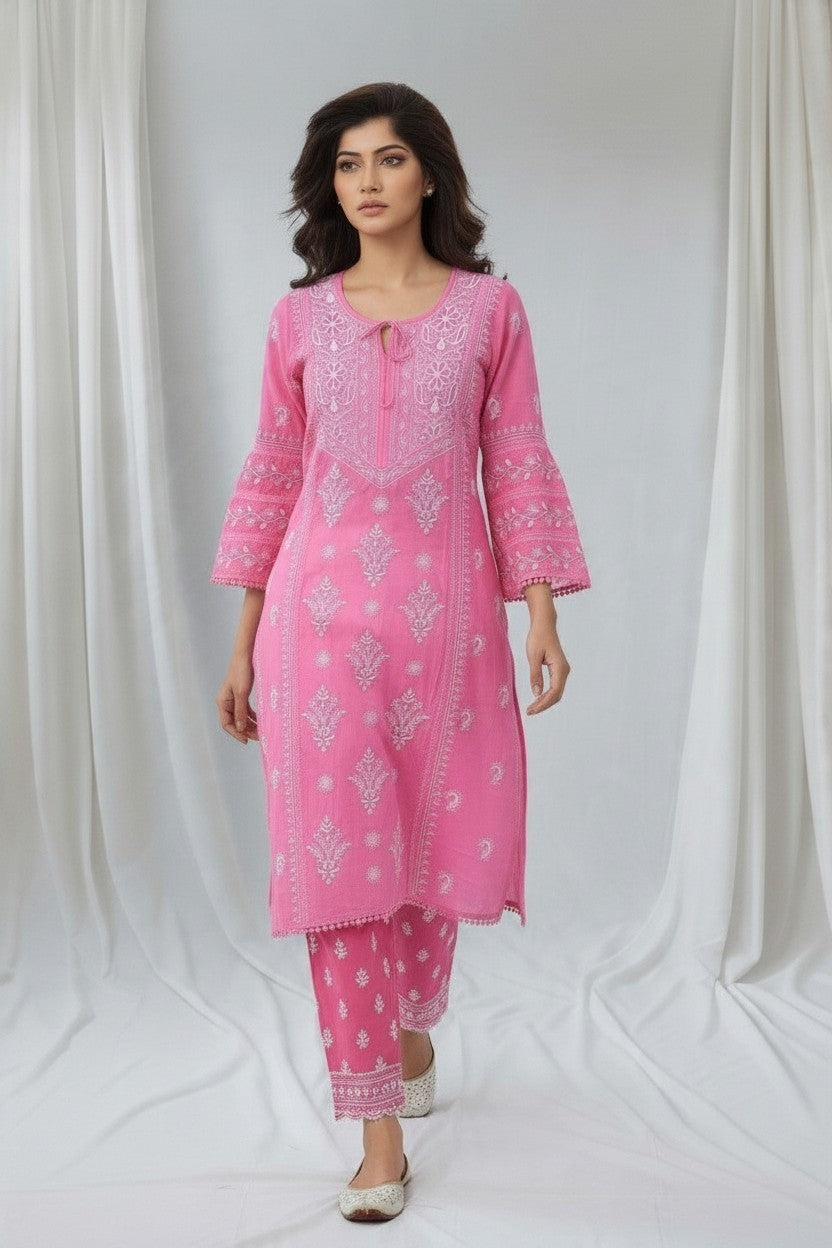 Luxe-Pure muslin luxurious kurti pants set with *2 taar chikankari work*
