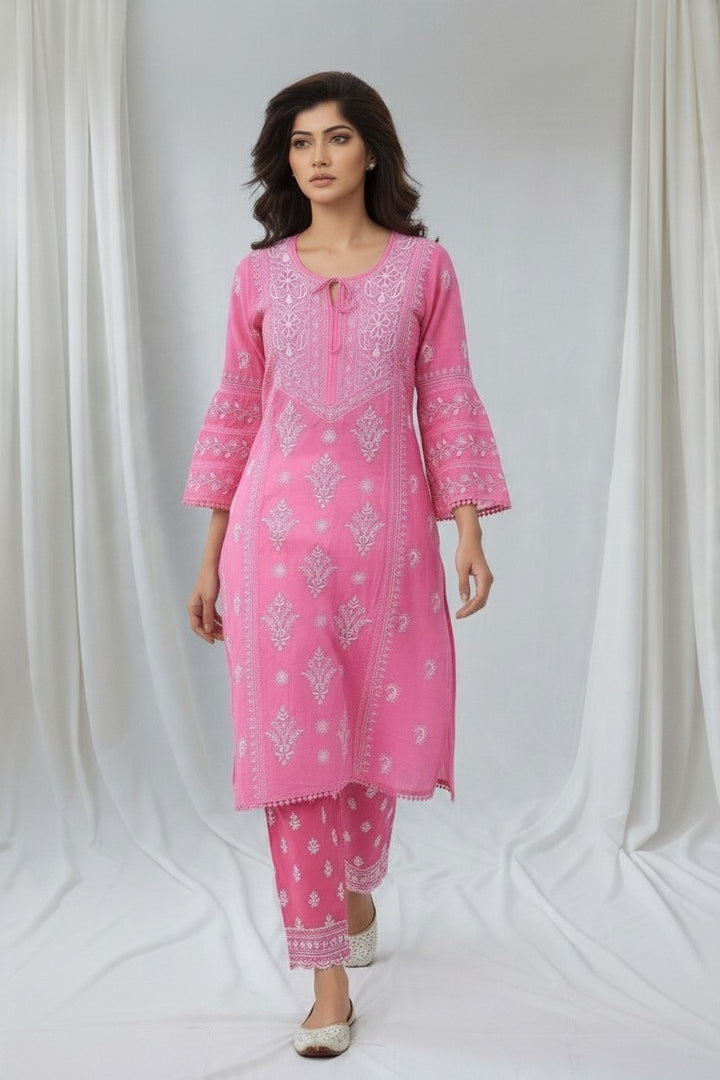Luxe-Pure muslin luxurious kurti pants set with *2 taar chikankari work*