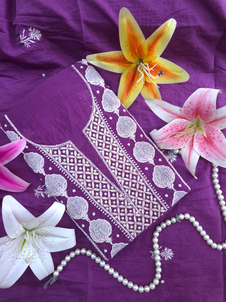 Premium Mul Chanderi Pearl, Cutdana & Kasab Hand Embroidered Unstitched Suit Set