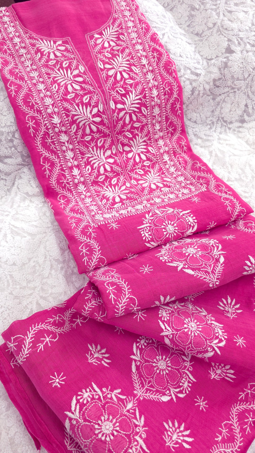Lucknowi 2 Taar Chikankari Chanderi Kurta Dupatta Set – Handmade Festive Wear