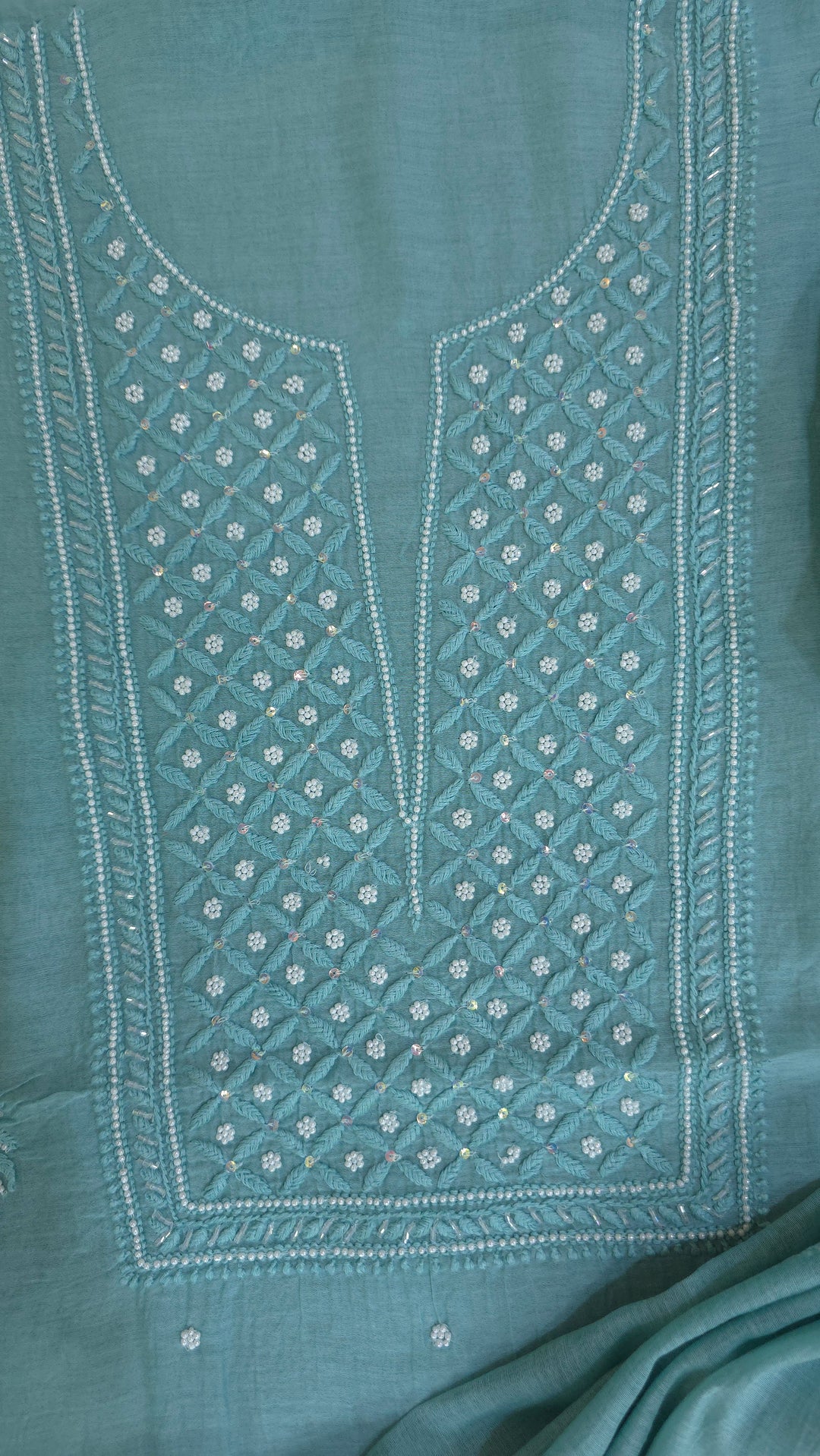 Hiba Premium Mul Chanderi Supersoft Dyeable Chikankari Dress Material | Hand Embroidered with Pearls & Cutdaana | Kurta & Dupatta Set