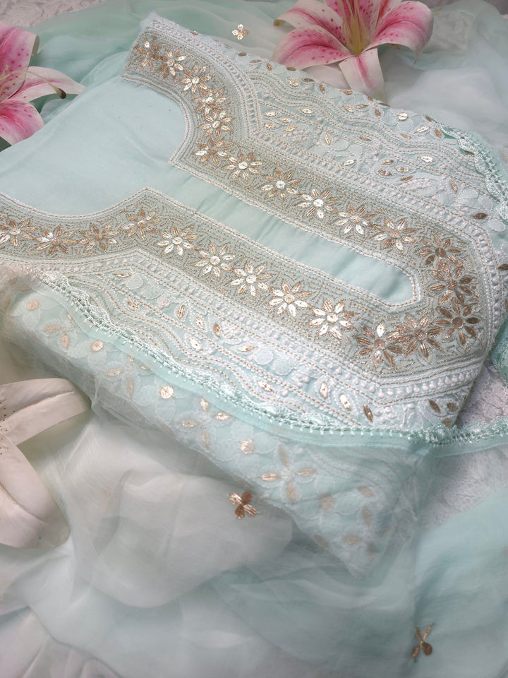 Sea Green Unstitched Soft Cotton Chikankari Suit Set – Aari, Kasab & Patti Embellished Gotta with Pure Chiffon Dupatta