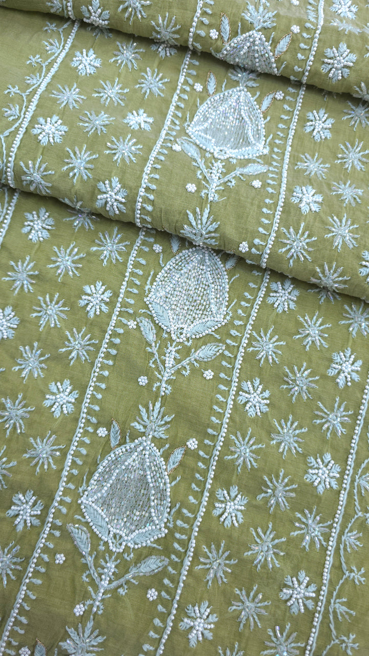 Premium Mul Chanderi Pearl, Cutdana & Kasab Hand Embroidered Unstitched Suit Set