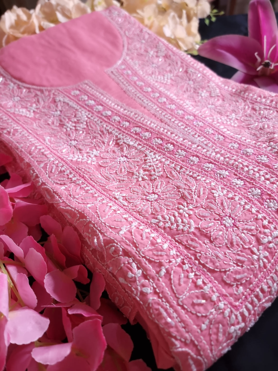 Unstitched Cotton Hand Embroidered Chikankari Dress Material with Cutdana, Resham & Badla Work | Pure Chiffon Dupatta | Lucknowi Artistry