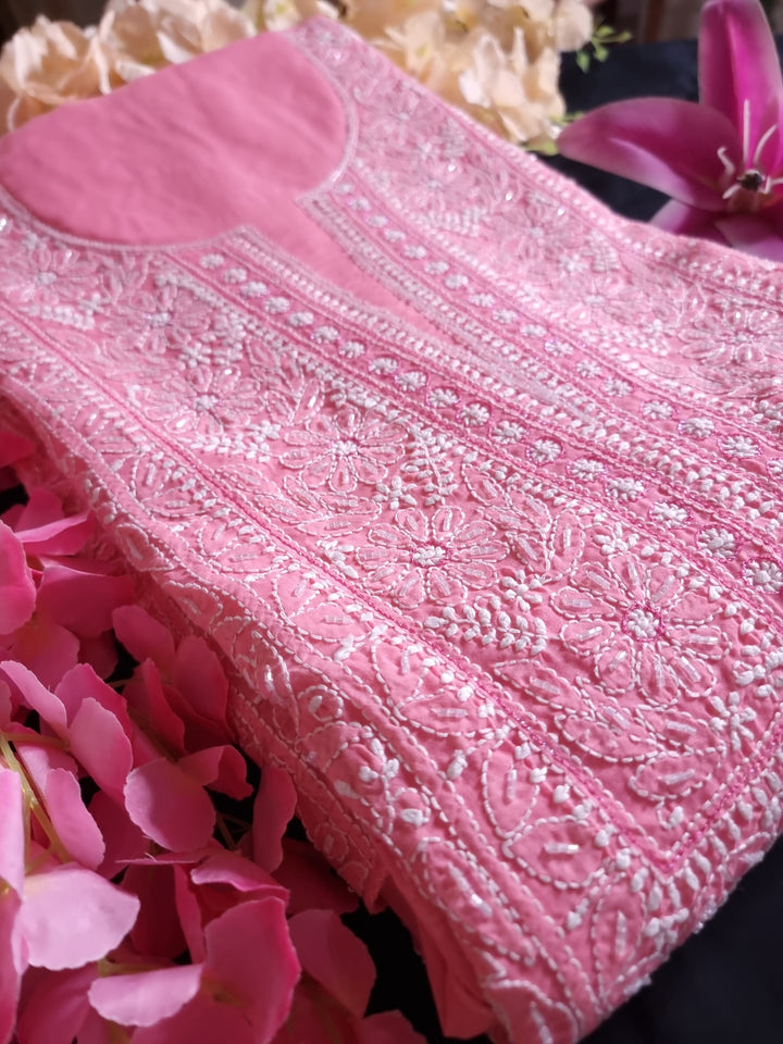 Unstitched Cotton Hand Embroidered Chikankari Dress Material with Cutdana, Resham & Badla Work | Pure Chiffon Dupatta | Lucknowi Artistry