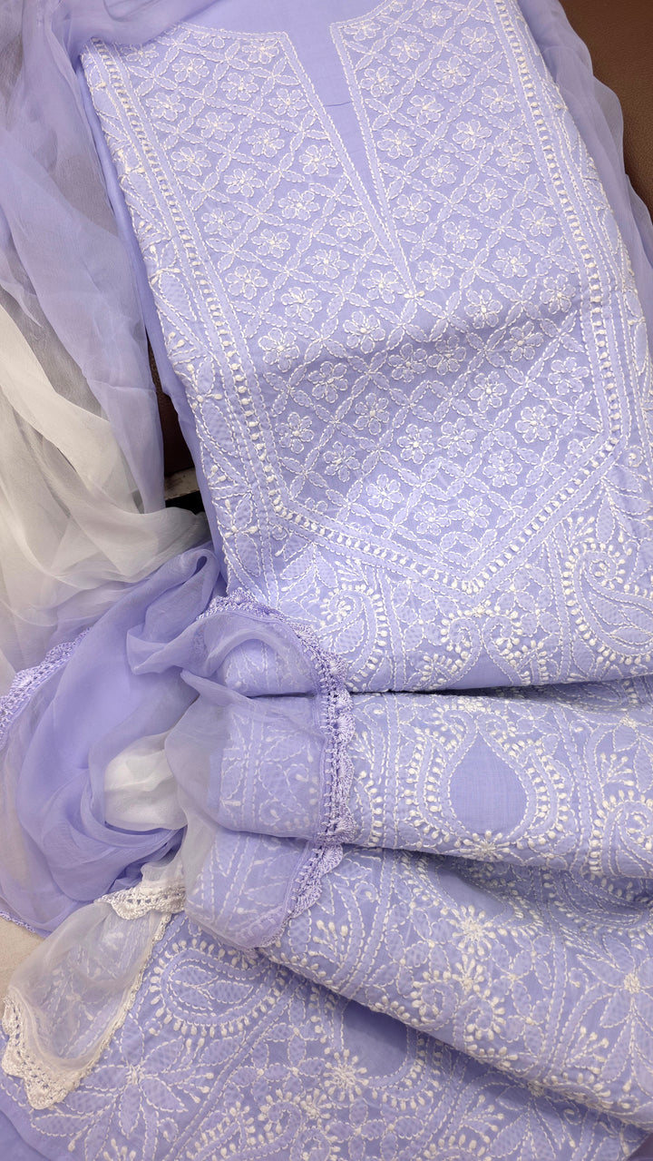 " Lucknowi Chikankari Unstitched Cotton Suit Set – Kurta, Bottom & Dupatta by Paridhan Chikan"