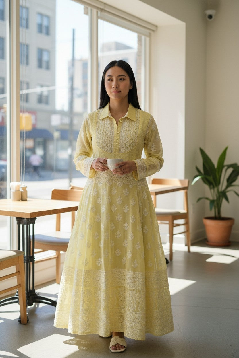 Cotton Lucknowi Chikankari 46" Long A-line Kurti | 100% Hand Embroidered| No Shrinkage