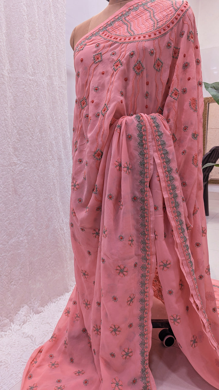 Faux Georgette Hand Chikankari Saree with Exclusive Border & designer Palla Design | Embroidered Blouse Included | Authentic Lucknow Handicraft by Paridhan Chikan