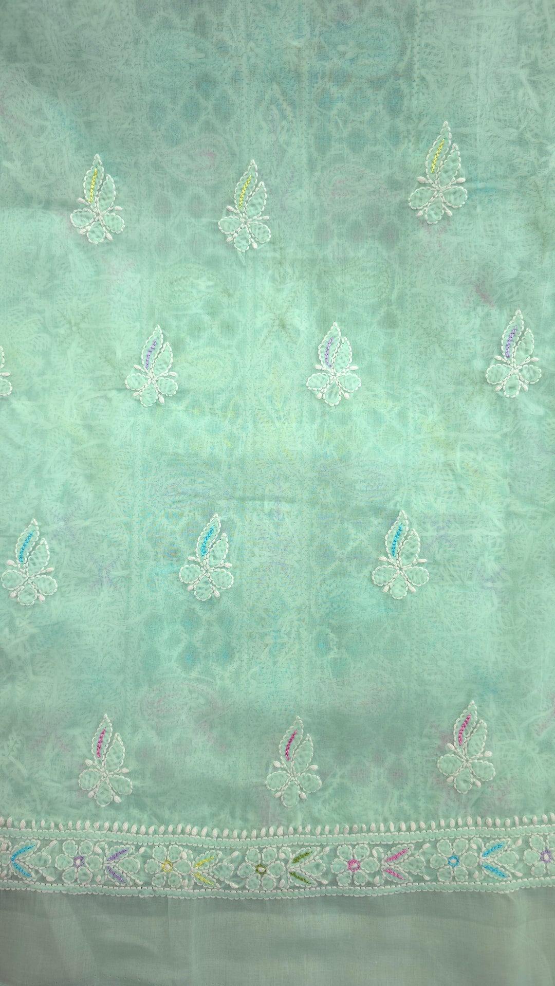 Cotton Resham Neckline chikankari dress material- Sea Green