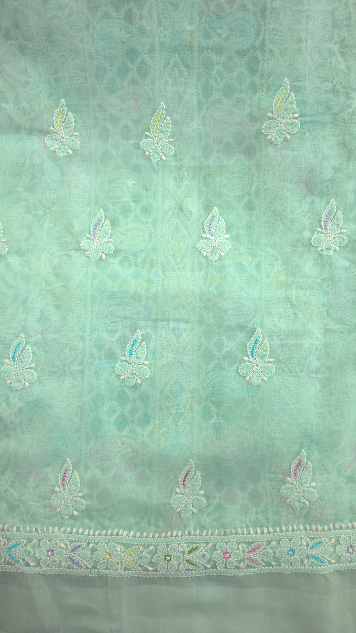 Cotton Resham Neckline chikankari dress material- Sea Green