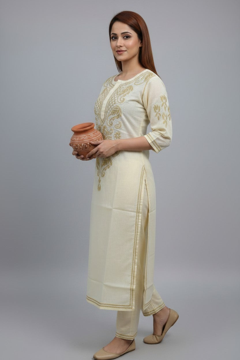 Pure Cotton Linen Lucknowi Chikankari Long Kurti | 100% Hand Embroidered | Non-Transparent | No Shrinkage