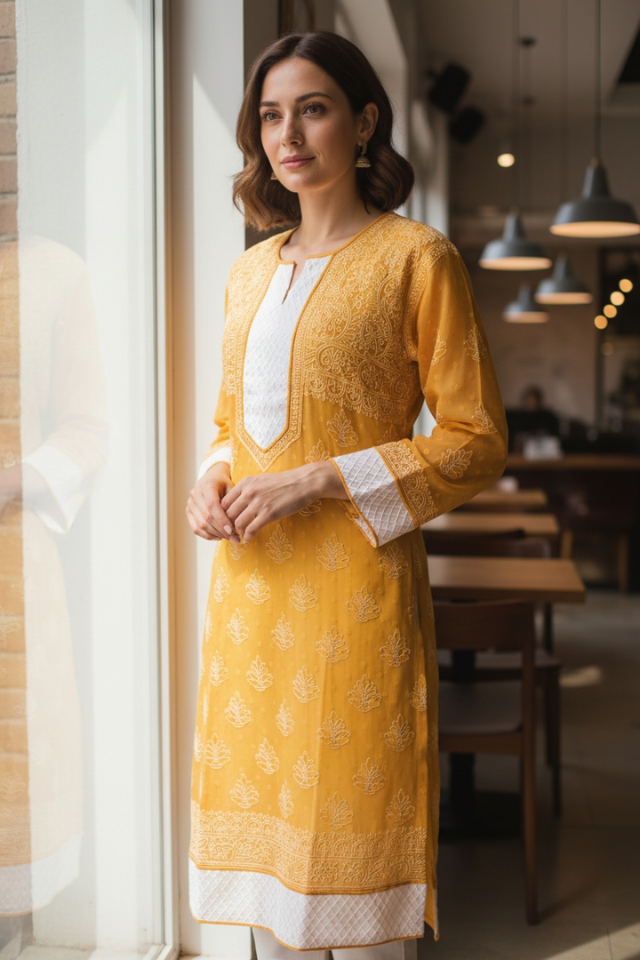 Women’s Georgette Chikankari Kurti – Designer Hand Embroidered Lucknowi Craft by Paridhan Chikan