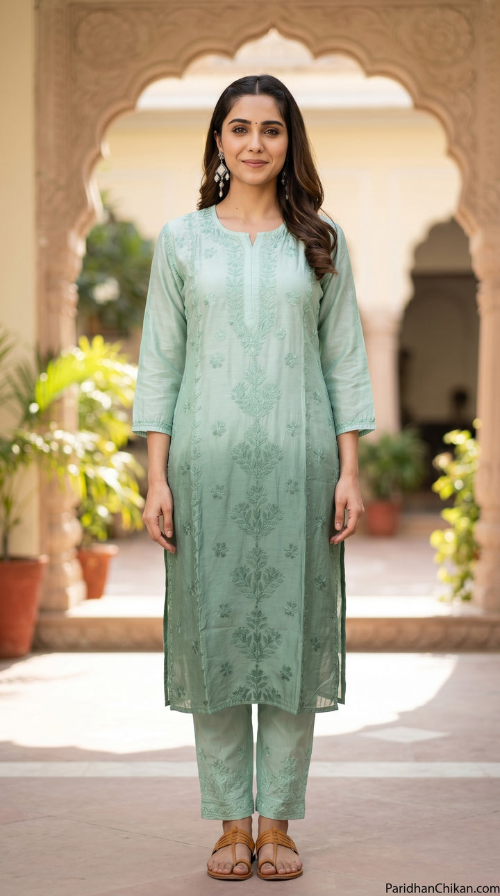 Sharvari Chikankari Chanderi Ombre Dyed Long Kurta for Women | Soft Non-Transparent | Lucknowi Chikankari | Paridhan Chikan