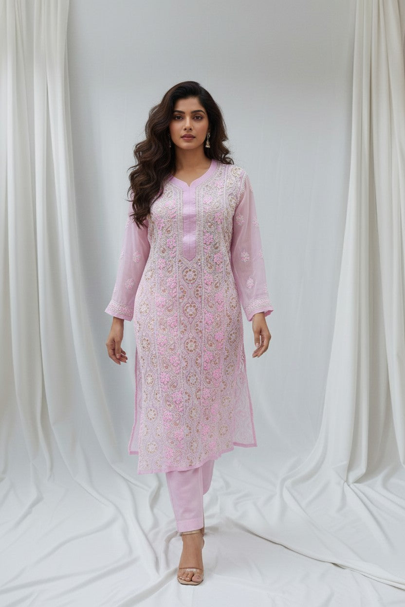 Raha Women’s Georgette Chikankari Kurti –Pearl, mirror n aari work -Designer Hand Embroidered Lucknowi Craft by Paridhan Chikan