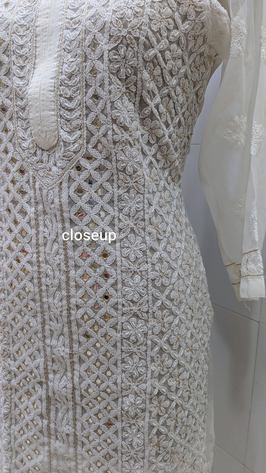 Raha Women’s Georgette Chikankari Kurti –Pearl, mirror n aari work -Designer Hand Embroidered Lucknowi Craft by Paridhan Chikan