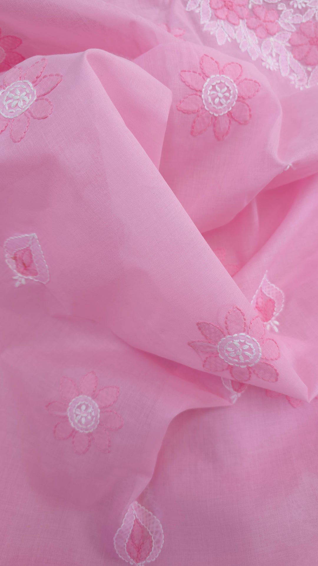 Paridhan Chikan Premium Cool Cotton Chikankari Dress Material Set with Hand Embroidered Kurta, Bottom & Chiffon Dupatta with Handmade Crochet Border