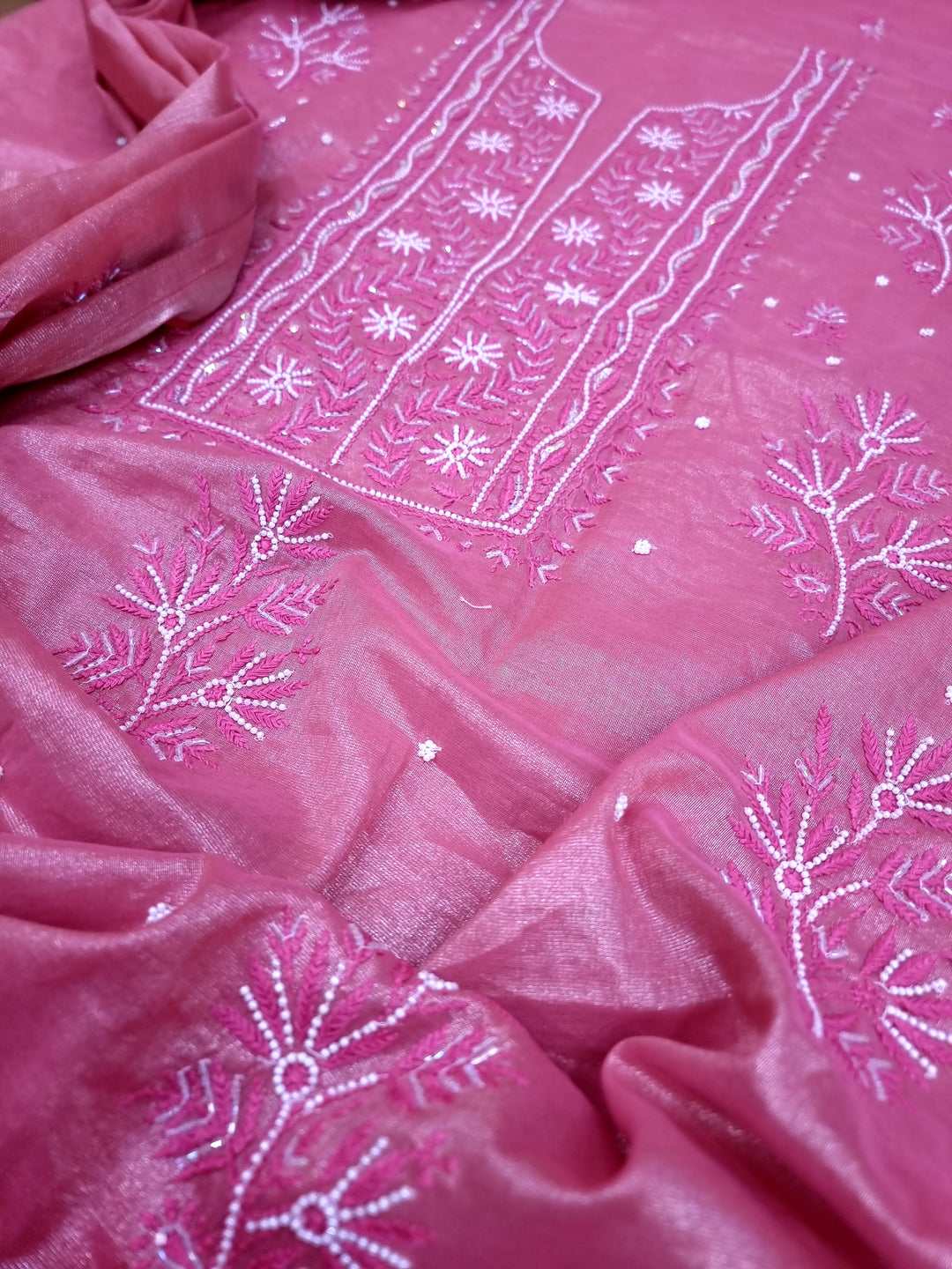 Soft Tissue Chikankari Unstitched Dress Material | 3 Taar Hand Embroidery with Pearl & Cutdana Work + Golden Border Dupatta