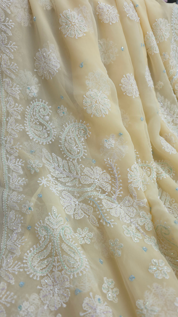 Pearl Chikankari Saree on Faux Georgette with Matching Blouse | Hand Embroidered Lucknowi Saree | Paridhan Chikan Heritage Collection