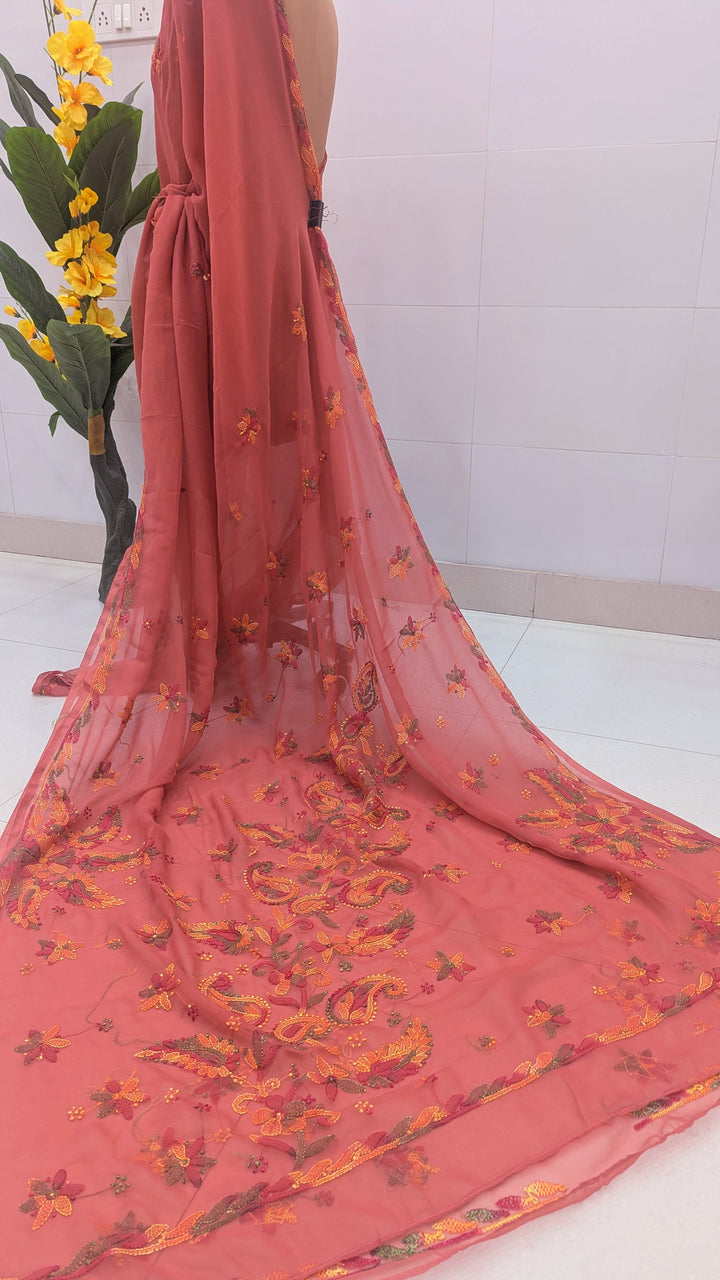Faux Georgette Hand Chikankari Saree with Exclusive Border & Palla Design | Embroidered Blouse Included | Authentic Lucknow Handicraft by Paridhan Chikan