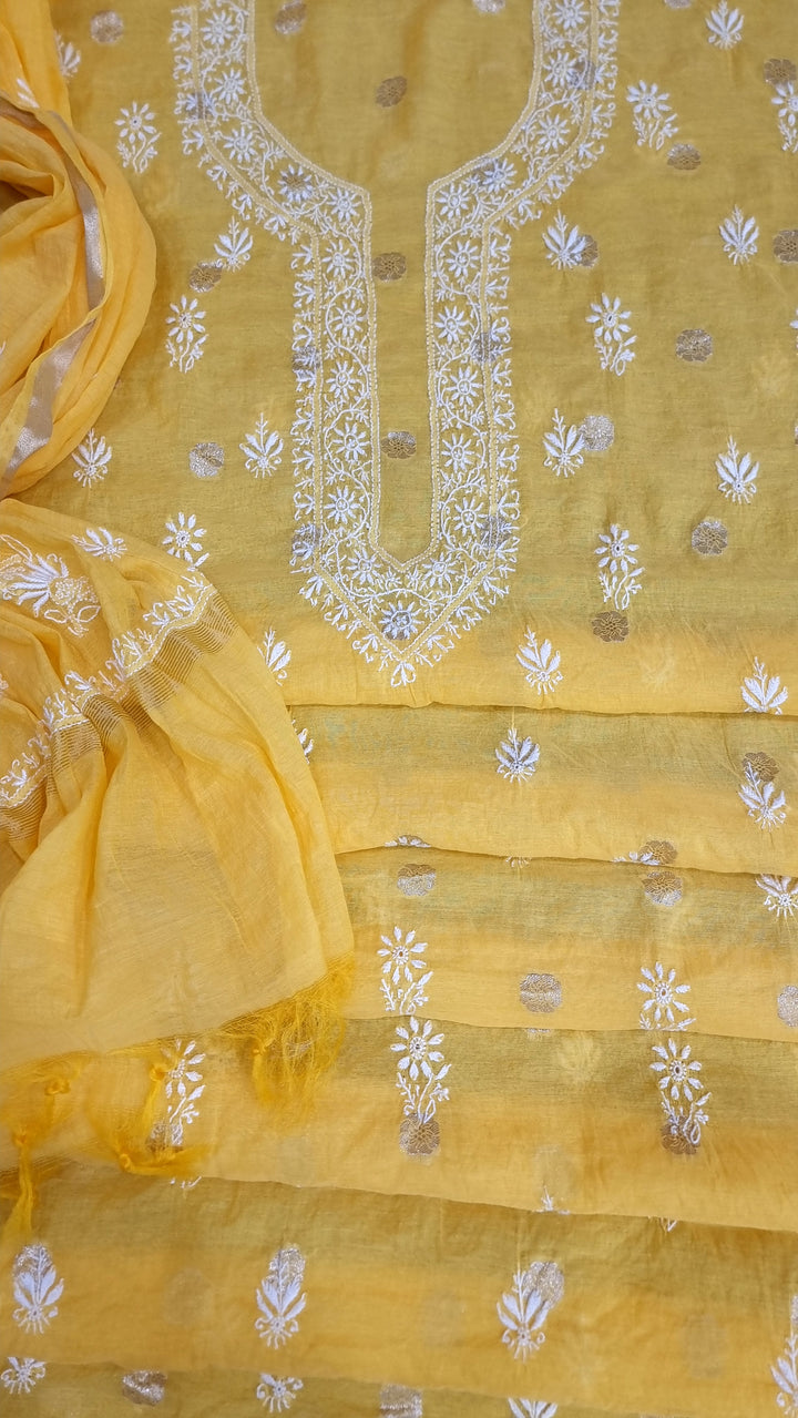 Pure Mul Chanderi Jacquard 2 Taar Hand Embroidered Chikankari Unstitched Kurta (3 M) with Dupatta (2.5 M) – Lucknowi Festive Collection