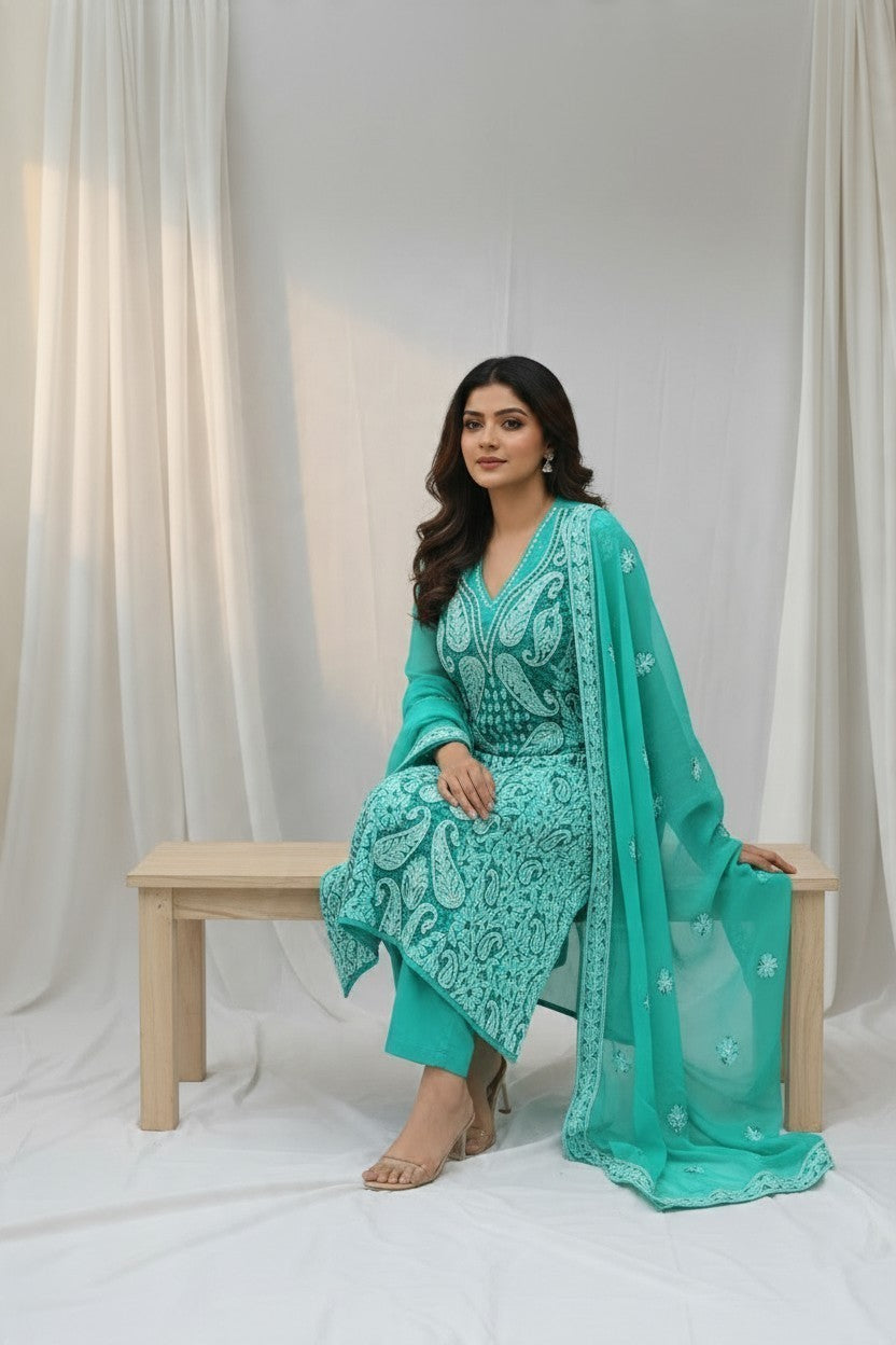 Unstitched Georgette Chikankari Dress Material | Hand Embroidered Kurta, Bottom & Dupatta