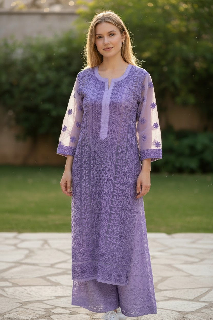 Georgette chikankari long kurti