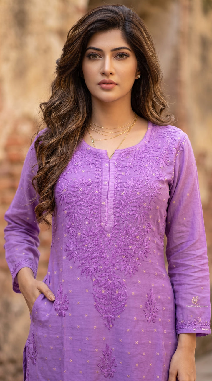 Shanaya Banarasi Soft Chanderi Golden Buti Chikankari Kurta Bottom Set | Authentic Handcrafted Lucknowi Chikankari