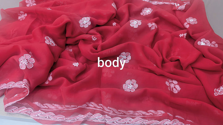 Faux Georgette Hand Chikankari Saree with Exclusive Border & Palla Design | Embroidered Blouse Included | Authentic Lucknow Handicraft by Paridhan Chikan