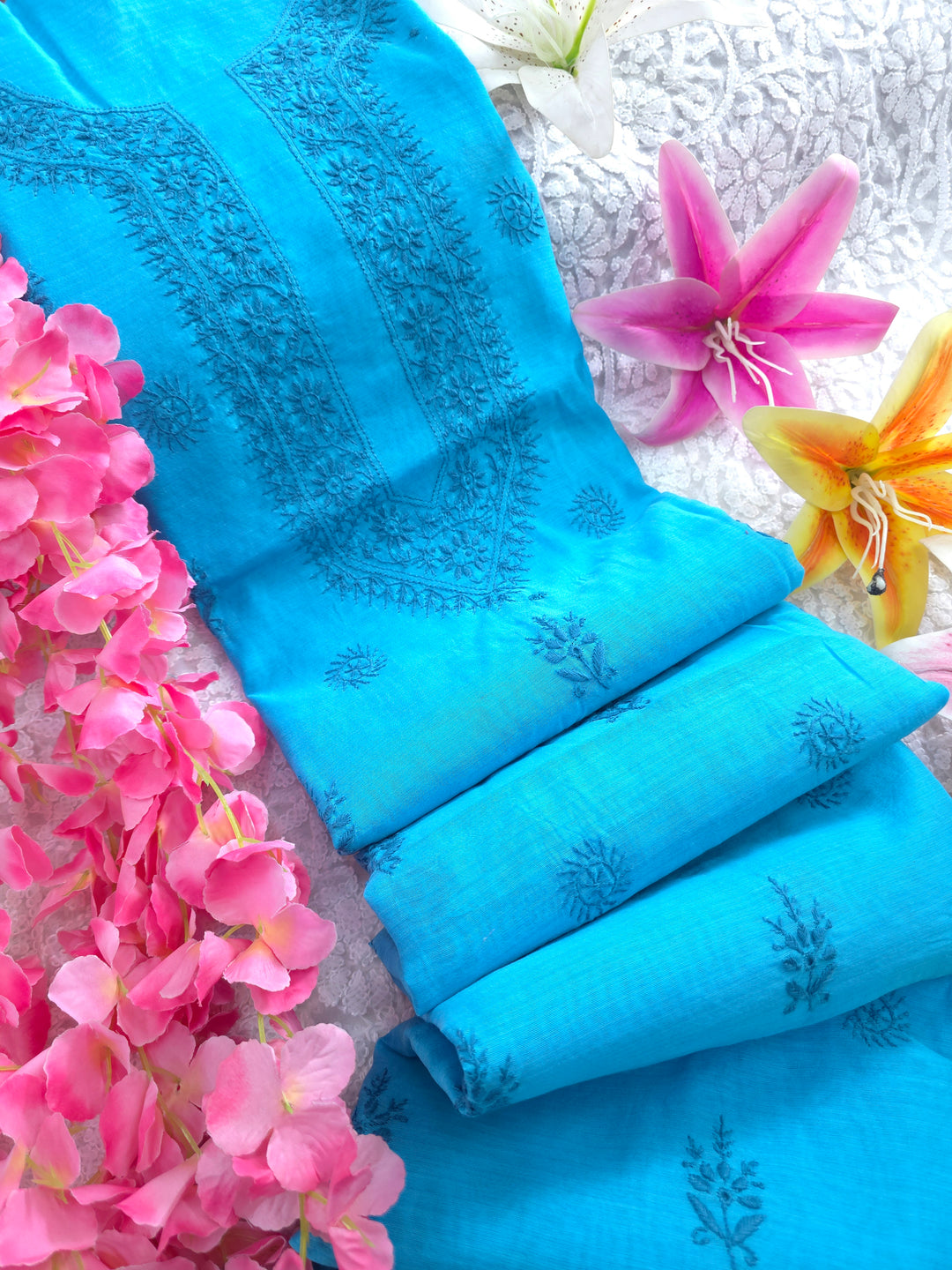 Blue Color Chanderi Hand Embroidered 2-Taar Chikankari Kurta & Dupatta Set | Paridhan Chikan