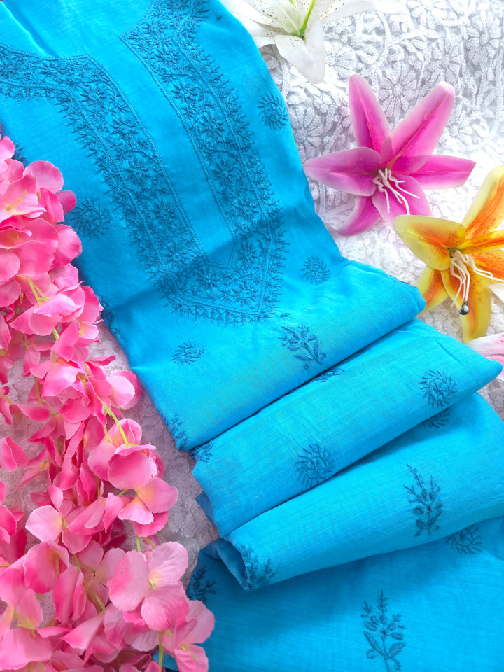 Blue Color Chanderi Hand Embroidered 2-Taar Chikankari Kurta & Dupatta Set | Paridhan Chikan