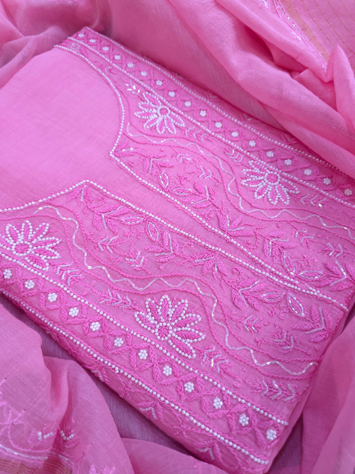 Hiba Premium Mul Chanderi Supersoft Dyeable Chikankari Dress Material | Hand Embroidered with Pearls & Cutdaana | Kurta & Dupatta Set