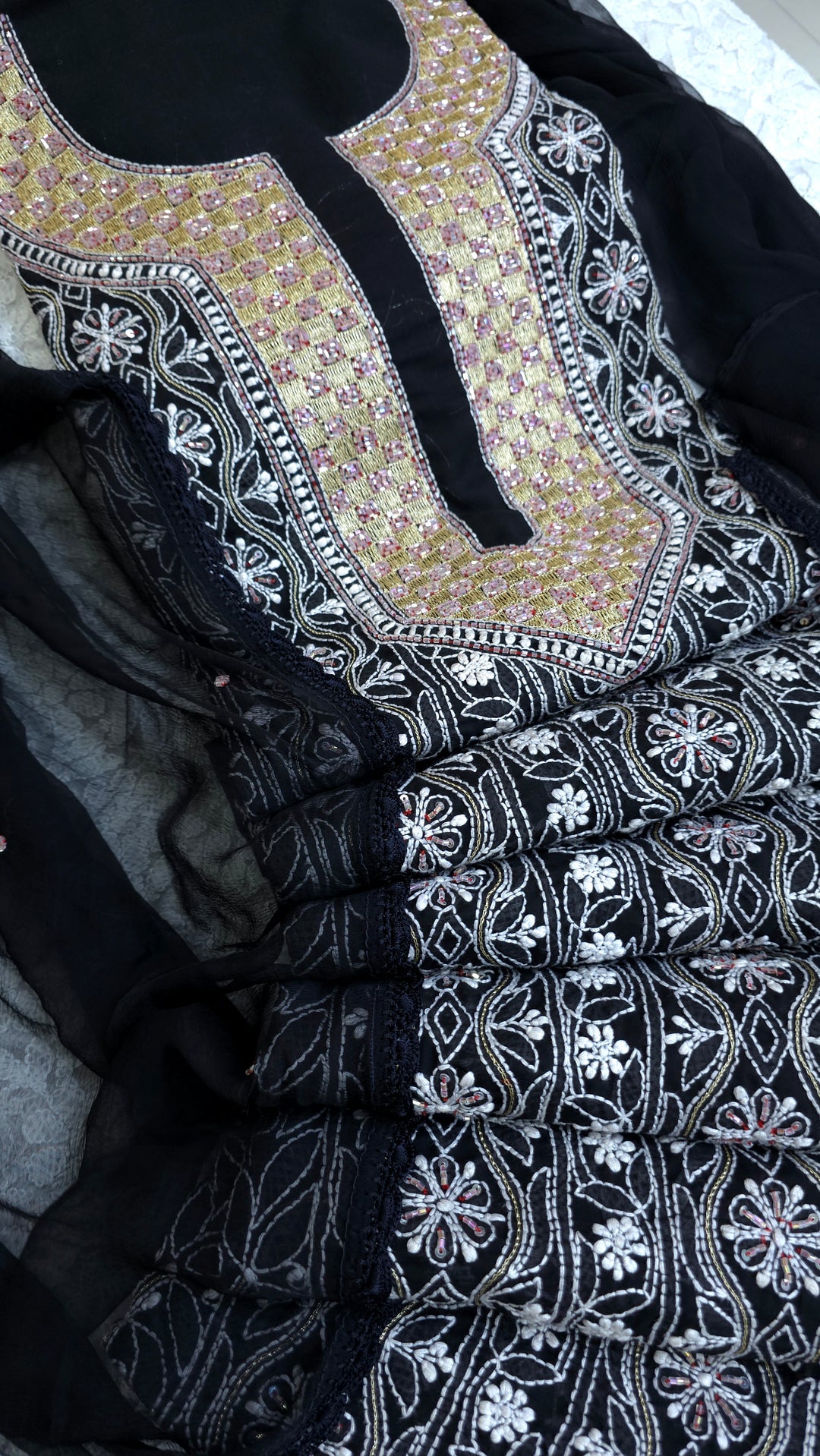 Premium Hand Embroidered Chikankari Cotton Unstitched Dress Material with Pure Chiffon Dupatta