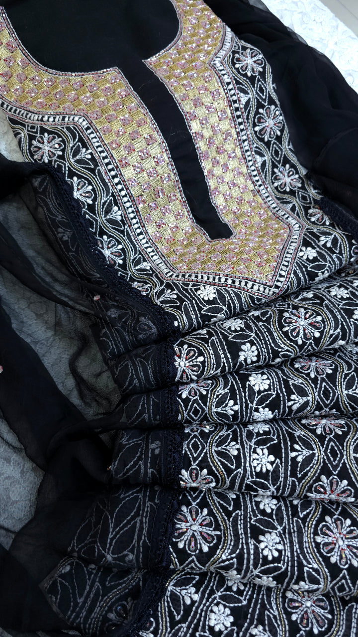 Premium Hand Embroidered Chikankari Cotton Unstitched Dress Material with Pure Chiffon Dupatta