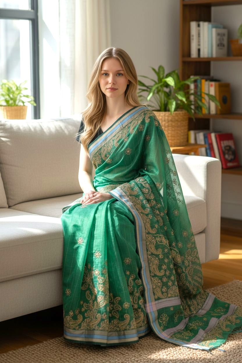 Hand Embroidered Chikankari Banarasi Silk Saree with Intricate Border & Palla Pattern – Includes  Blouse | Paridhan Chikan