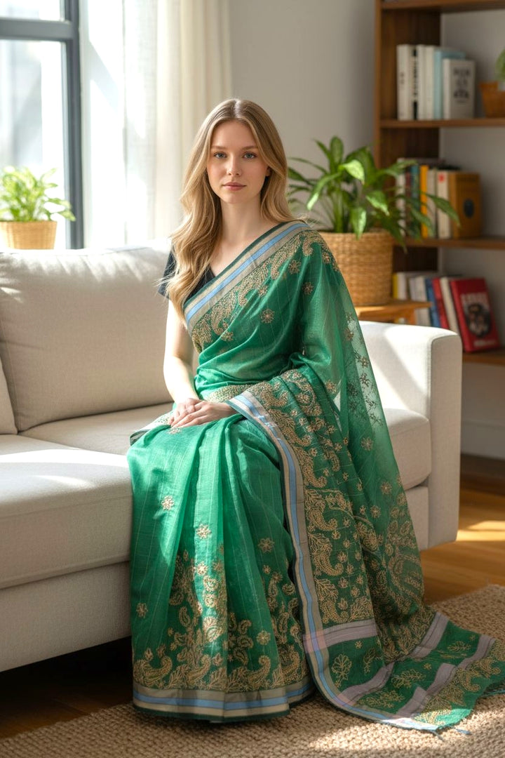 Hand Embroidered Chikankari Banarasi Silk Saree with Intricate Border & Palla Pattern – Includes  Blouse | Paridhan Chikan