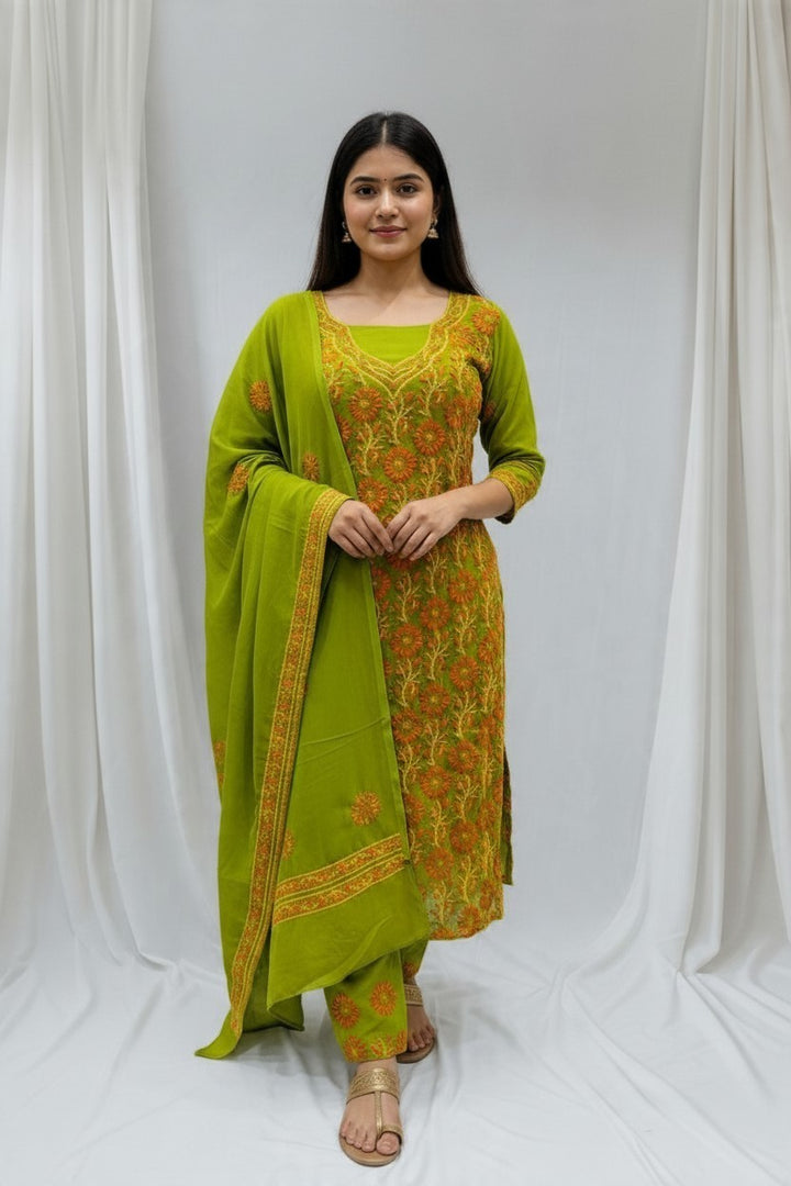 Unstitched Georgette Chikankari Dress Material | Hand Embroidered Kurta, Bottom & Dupatta