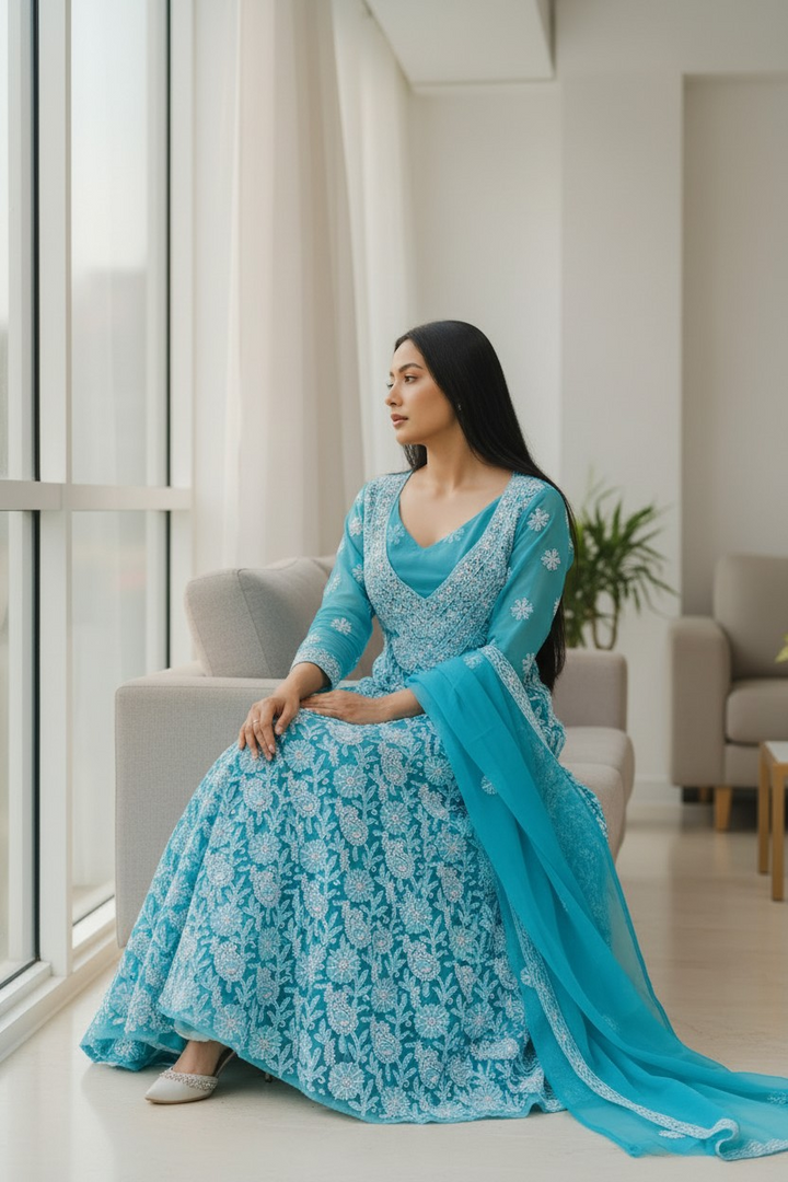 Unstitched Georgette Chikankari Dress Material | Hand Embroidered Kurta, Bottom & Dupatta